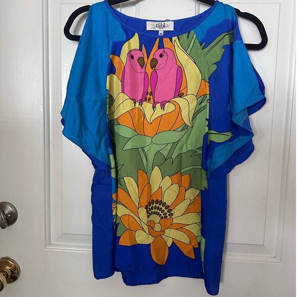 Tibi Silk Top Shoulder Sleeve Print Tropical Boho Resort Top Blue Size XS - Picture 3 of 7